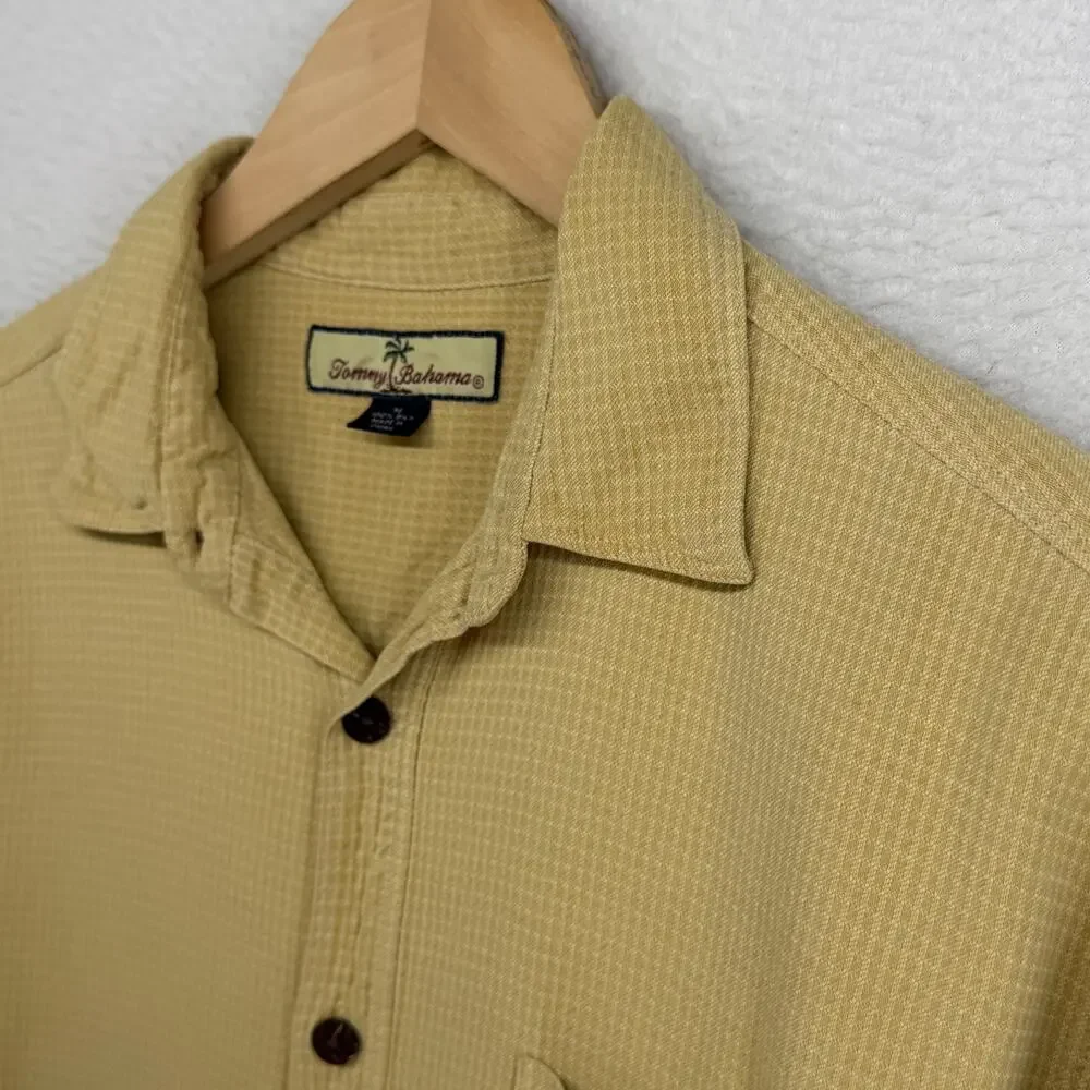 TOMMY BAHAMA Shirt Mens M Silk Grid Check Textured Button Up Y2K Camp Yellow VTG